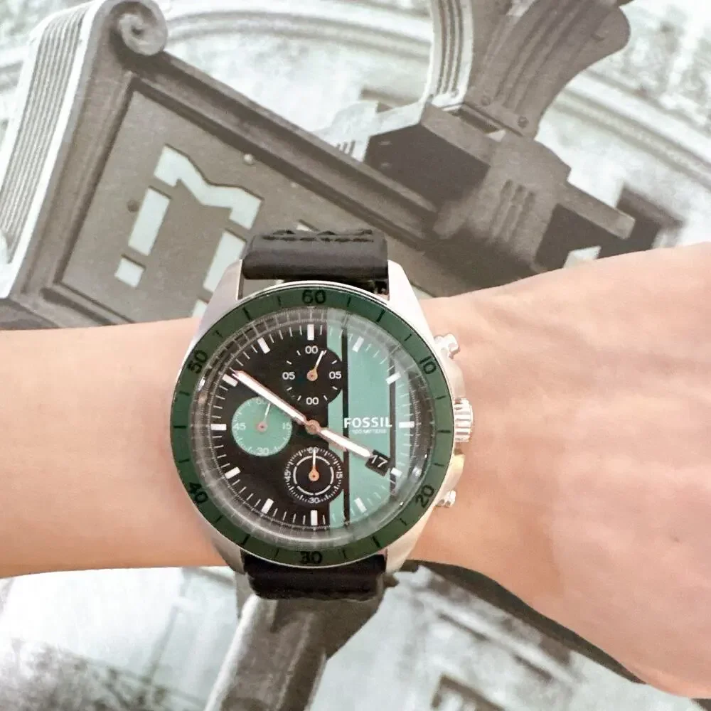Fossil BQ16231014 Men Chronograph Watch 43mm Steel Case Green Bezel